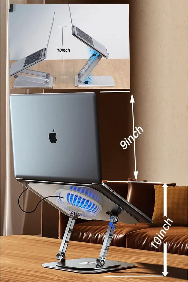 Alt view image 4 of 5 - KEROLFFU Laptop Stand Fan with 360 Rotating Swival Base, Adjustable Height for Directly Typing Keyboard and Rise up to 10", Ergonomic Aluminum Riser Holder Stand for Tablet 10 14 15 17 Inches/MacBook