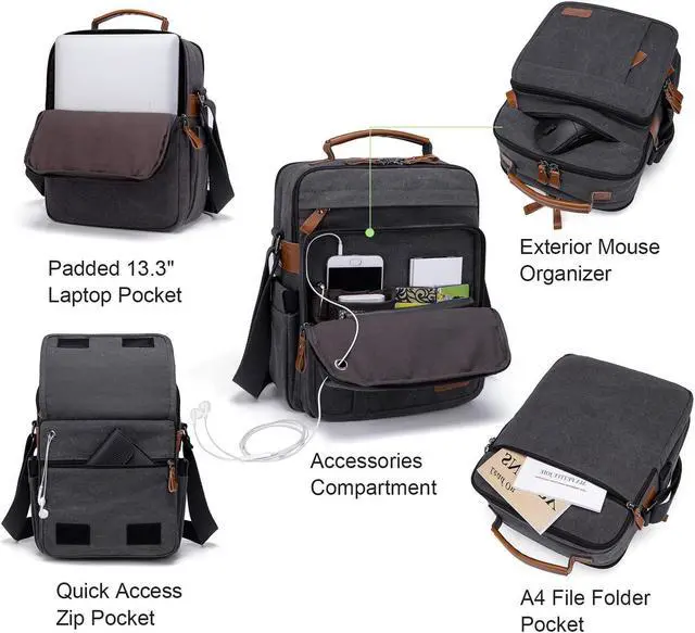 Alt view image 4 of 5 - ESTARER Mens Small Messenger 13.3 inch Computer Bag, Water-resistant Canvas Laptop Bag Satchel Crossbody Bag Tabelt Case