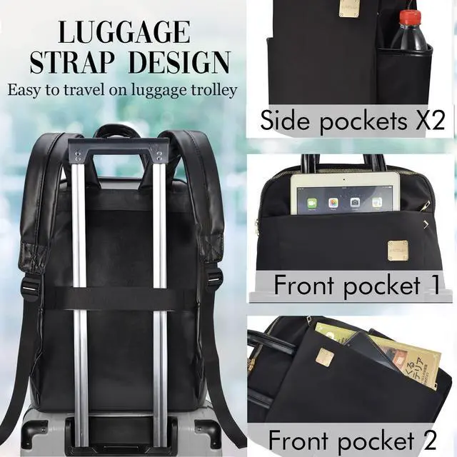 Alt view image 4 of 5 - Laptop Backpack for Women Slim Travel - Laptop Bag Computer Case Fit up to 15.6-inch Notebook Lightweight Medium Size Purse for Work Bookbag Water-resistant Business Fashion Stylish PU Leather Black
