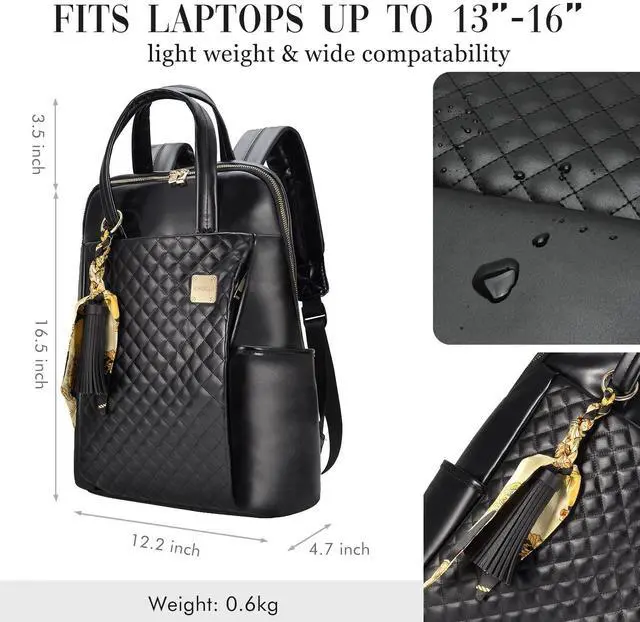 Alt view image 5 of 5 - Laptop Backpack for Women Slim Travel - Laptop Bag Computer Case Fit up to 15.6-inch Notebook Lightweight Medium Size Purse for Work Bookbag Water-resistant Business Fashion Stylish PU Leather Black