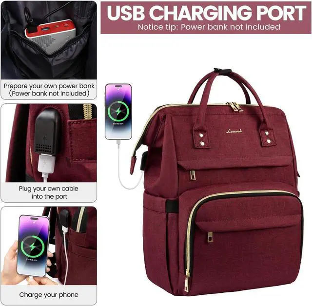 Alt view image 3 of 5 - LOVEVOOK Laptop Backpack for Women,15.6 Inch Professional Womens Travel Backpack Purse Computer Laptop Bag Nurse Teacher Backpack,Waterproof College Work Bags Carry on Back Pack with USB Port,Wine Red