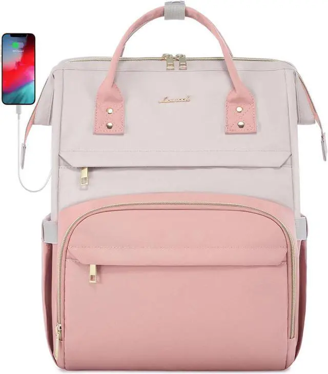 Main image of LOVEVOOK Laptop Backpack for Women, Fashion Business Computer Backpacks Travel Bags, Teacher Doctor Nurse Work Backpack Purse with USB Port, Fits 15.6-Inch Laptop Beige-Black