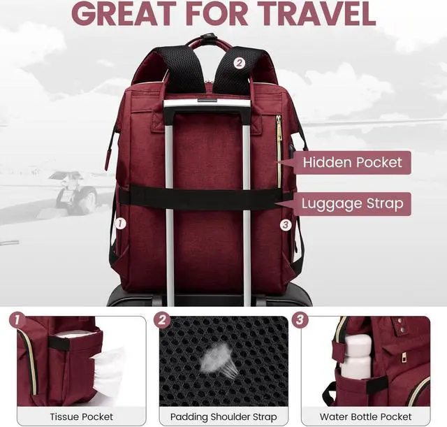 Alt view image 4 of 5 - LOVEVOOK Laptop Backpack for Women,15.6 Inch Professional Womens Travel Backpack Purse Computer Laptop Bag Nurse Teacher Backpack,Waterproof College Work Bags Carry on Back Pack with USB Port,Wine Red