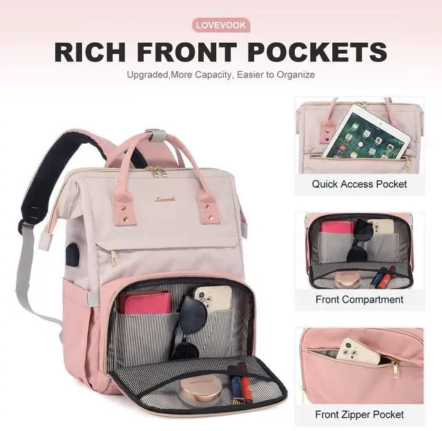 Alt view image 3 of 5 - LOVEVOOK Laptop Backpack for Women, Fashion Business Computer Backpacks Travel Bags, Teacher Doctor Nurse Work Backpack Purse with USB Port, Fits 15.6-Inch Laptop Beige-Black