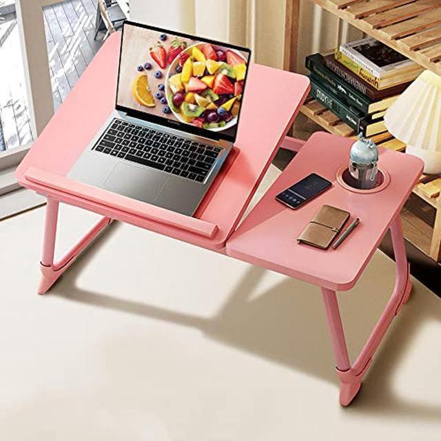 Alt view image 4 of 5 - Laptop Desk for Bed,Asltoy Laptop Bed Tray Table,Foldable Lap Desk Stand Notebook Desk Adjustable Laptop Table for Bed Portable Notebook Bed Tray Lap Tablet with Cup Holder (Pink)