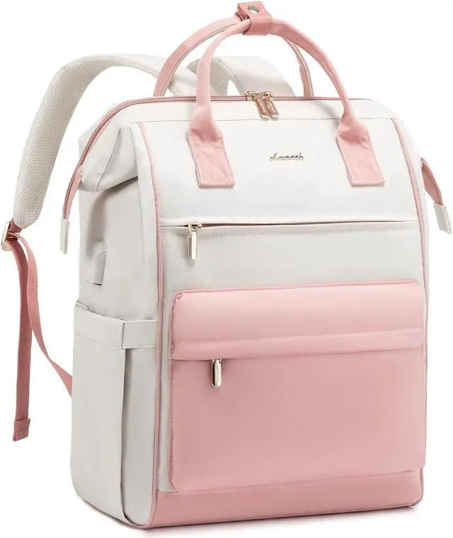 Main image of LOVEVOOK Laptop Backpack for Women, 17 Inch Work Teacher Nurse Bag, Large Capacity Business Computer Backpack Purse with USB Port, Stylish Casual Daypack for Travel,Beige&Pink