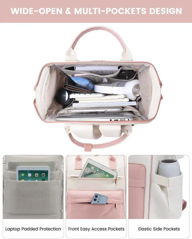 Alt view image 2 of 5 - LOVEVOOK Laptop Backpack for Women, 17 Inch Work Teacher Nurse Bag, Large Capacity Business Computer Backpack Purse with USB Port, Stylish Casual Daypack for Travel,Beige&Pink