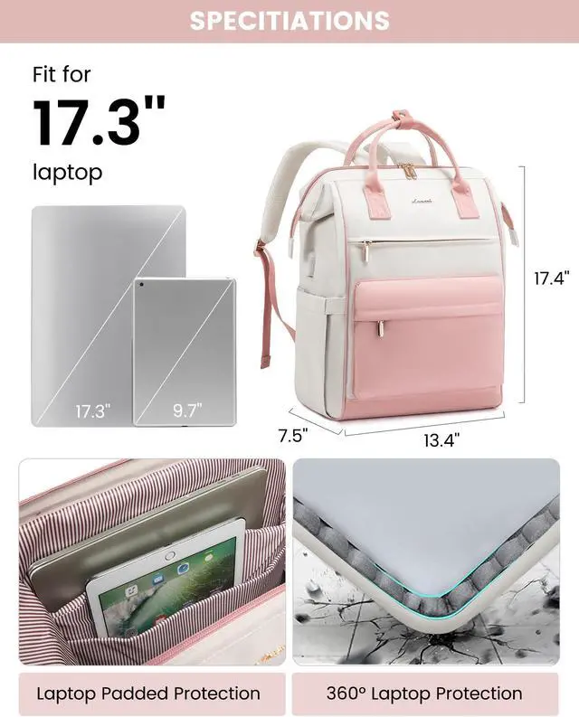 Alt view image 3 of 5 - LOVEVOOK Laptop Backpack for Women, 17 Inch Work Teacher Nurse Bag, Large Capacity Business Computer Backpack Purse with USB Port, Stylish Casual Daypack for Travel,Beige&Pink