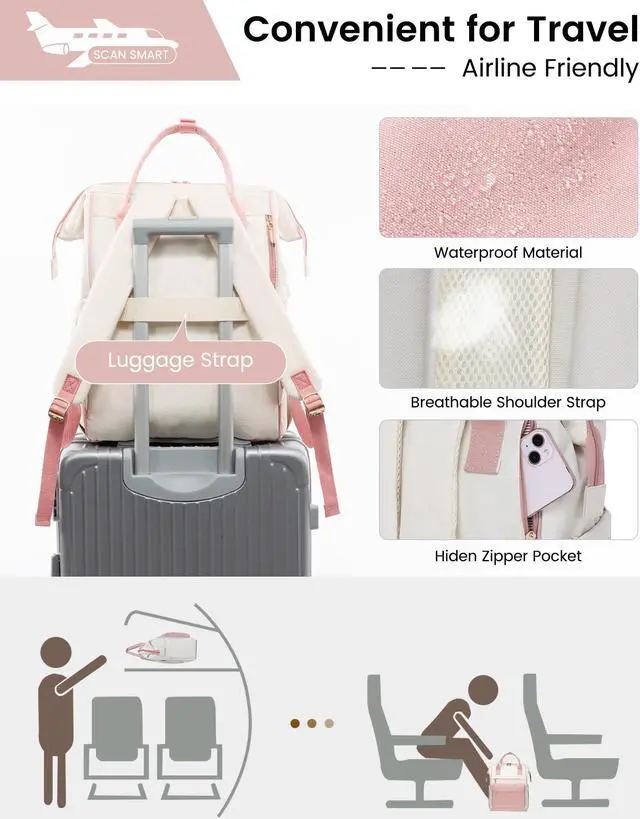 Alt view image 4 of 5 - LOVEVOOK Laptop Backpack for Women, 17 Inch Work Teacher Nurse Bag, Large Capacity Business Computer Backpack Purse with USB Port, Stylish Casual Daypack for Travel,Beige&Pink