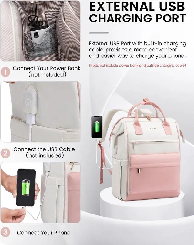 Alt view image 5 of 5 - LOVEVOOK Laptop Backpack for Women, 17 Inch Work Teacher Nurse Bag, Large Capacity Business Computer Backpack Purse with USB Port, Stylish Casual Daypack for Travel,Beige&Pink