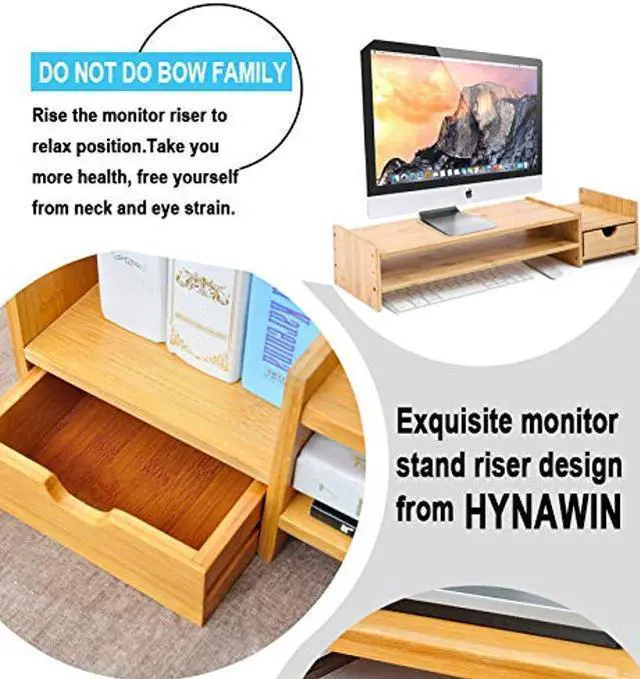 Alt view image 3 of 5 - Monitor Stand Riser Desk Organizer-Bamboo 2 Tier Laptop Stand With Drawers, Adjustable Desktop Storage Organizer For Computer, Printer, Cellphone-Use In Office,Home /Reduce Neck &Eye Strain(Basic)