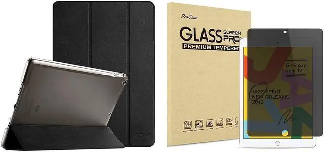 Main image of ProCase iPad 7th 10.2" 2019 Black Case with Suede Exterior Bundle with iPad 7th 10.2" 2019 Privacy Screen Protector