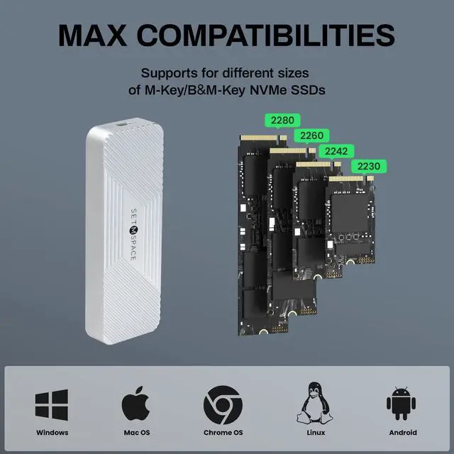 Alt view image 4 of 5 - SETMSPACE Aluminum M.2 NVMe SSD Enclosure, USB 3.2 Gen 2(20Gbps) to M-Key/B&M-Key M.2 NVMe SSD Size 2230/2242/2260/2280(up to 4TB)