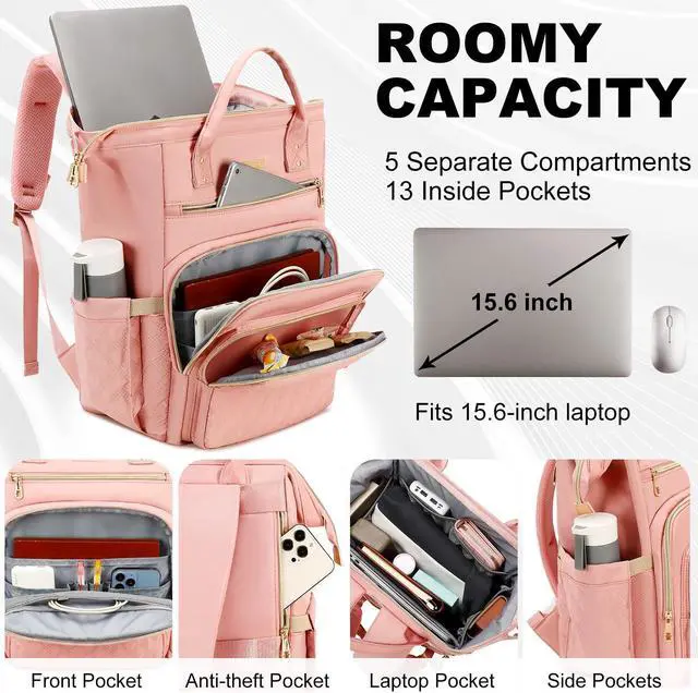 Alt view image 2 of 5 - AIJIEKE Lunch Backpack for Women, 15.6 inch Laptop Backpack with Insulated Cooler Lunch Bag Set for Lunch Box Work Backpack for Travel Nurse Teacher, Pink