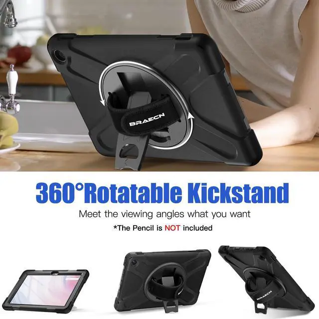 Alt view image 4 of 5 - BRAECNstock for Amazon Fire HD 10 Tablet Case (13th Generation 2023) 10.1" Shockproof Protective Kids Case with Screen Protector [Rotating Hand Strap+Stand], Pen Holder,Shoulder Strap, Black