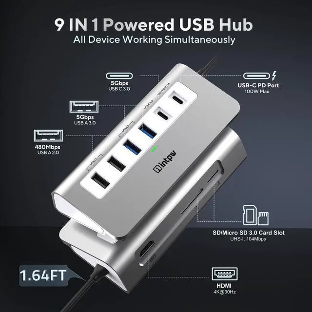 Alt view image 2 of 5 - USB C Hub, INTPW 9-in-1 USB C Hub Multiport Adapter with 4K HDMI, PD 100W, Type-C and 2 USB A 3.0 5Gbps, 2 USB A 2.0, SD/TF Card Reader, Aluminum USB Hub for Laptop, iPhone 16/15 Series, MacBook, iPad