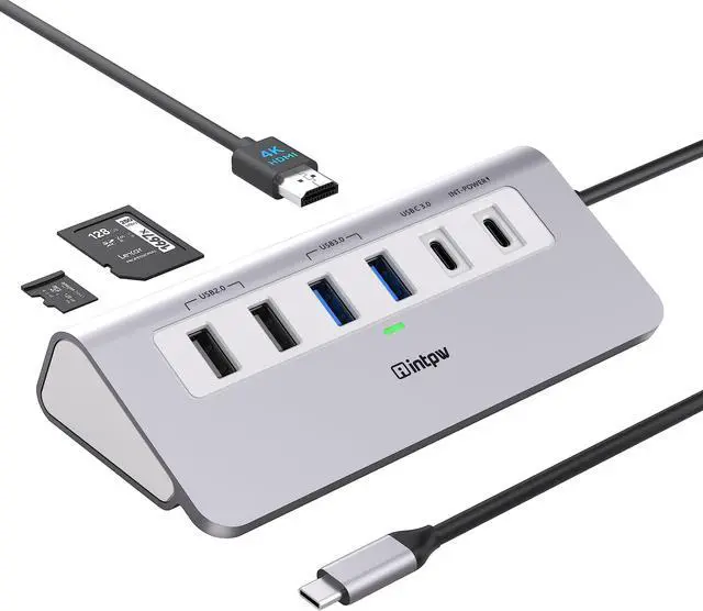 Main image of USB C Hub, INTPW 9-in-1 USB C Hub Multiport Adapter with 4K HDMI, PD 100W, Type-C and 2 USB A 3.0 5Gbps, 2 USB A 2.0, SD/TF Card Reader, Aluminum USB Hub for Laptop, iPhone 16/15 Series, MacBook, iPad
