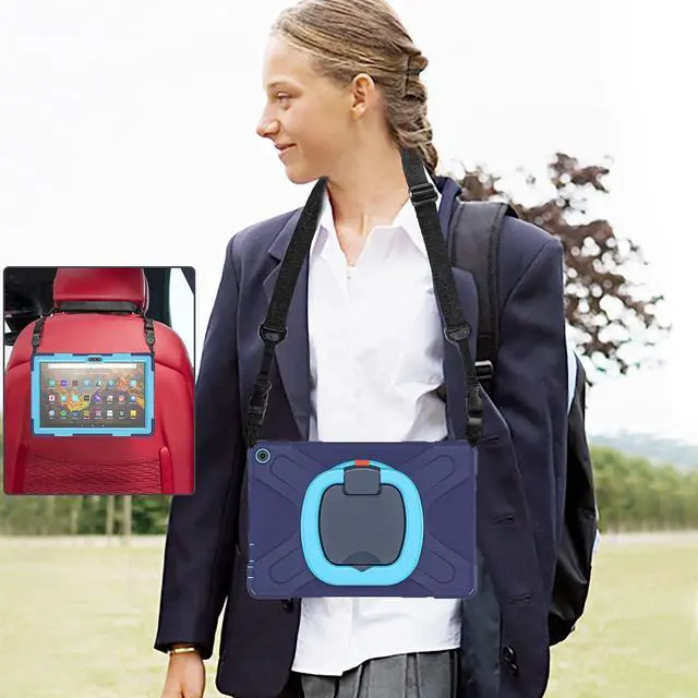 Alt view image 3 of 5 - All-New Fire HD 10 & Fire HD 10 Plus Tablet case for Kids(2021 Release,11th Generation),Heavy Sturdy Shockproof Kids Case,Rotating Stand/Carrying Strap, Navy Blue+Blue