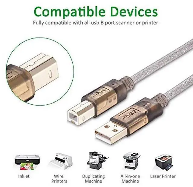 Alt view image 5 of 5 - Printer Cable 60Ft,2.0 Printer Scanner Cable Cord USB Type A Male to B Male High Speed for HP, Canon, Lexmark,Dell, Xerox, Samsung etc(60Ft/20M)