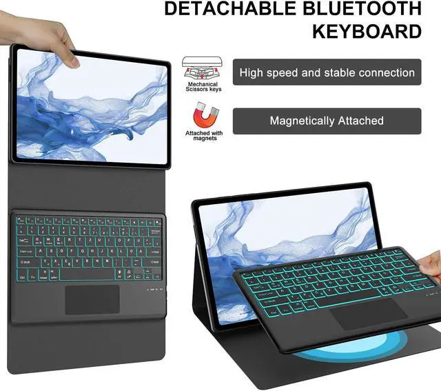 Alt view image 3 of 5 - KVAGO Keyboard Case for Samsung Galaxy Tab S8+ Plus 2022/S7 FE 5G 2021/S7+ Plus 2020 12.4 inch, Smart Touchpad, 7 Colors Backlit, Slim Stand Folio Cover Detachable Bluetooth Wireless Keyboard (Black)