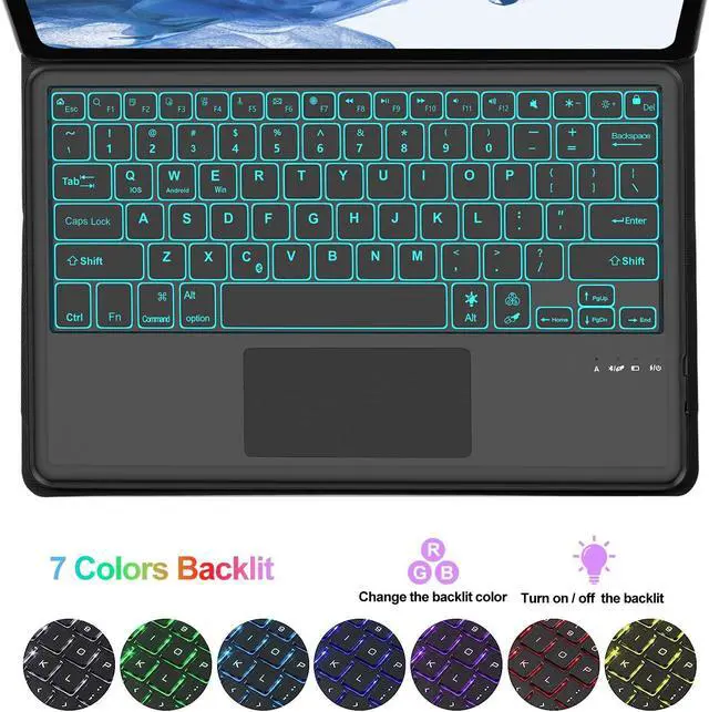 Alt view image 4 of 5 - KVAGO Keyboard Case for Samsung Galaxy Tab S8+ Plus 2022/S7 FE 5G 2021/S7+ Plus 2020 12.4 inch, Smart Touchpad, 7 Colors Backlit, Slim Stand Folio Cover Detachable Bluetooth Wireless Keyboard (Black)