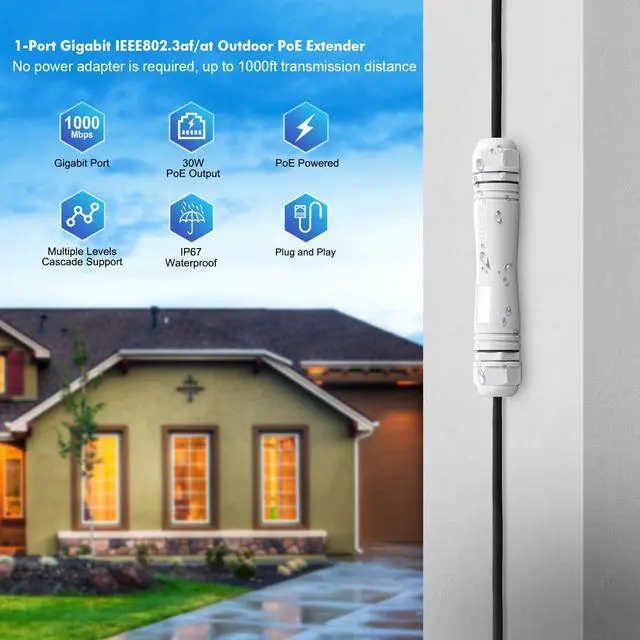 Alt view image 2 of 5 - MokerLink Outdoor 2 Port Gigabit PoE Extender, IEEE 802.3 af/at Repeater 30W, 10/100/1000Mbps, 1 In 1 Out, Wall Mount IP67 Waterproof Passthrough Switch