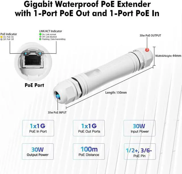 Alt view image 5 of 5 - MokerLink Outdoor 2 Port Gigabit PoE Extender, IEEE 802.3 af/at Repeater 30W, 10/100/1000Mbps, 1 In 1 Out, Wall Mount IP67 Waterproof Passthrough Switch