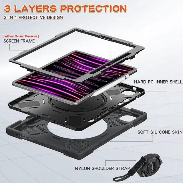 Alt view image 3 of 5 - SCSVPN iPad Pro 12.9 Case 2022/2021/2020/2018: Full Drop-Proof Rugged Protection Cover for iPad Pro 12.9 Inch 6th/5th/4th/3rd Generation- Pencil Holder - Rotating Stand/Handle - Shoulder Strap, Black
