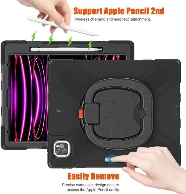 Alt view image 5 of 5 - SCSVPN iPad Pro 12.9 Case 2022/2021/2020/2018: Full Drop-Proof Rugged Protection Cover for iPad Pro 12.9 Inch 6th/5th/4th/3rd Generation- Pencil Holder - Rotating Stand/Handle - Shoulder Strap, Black