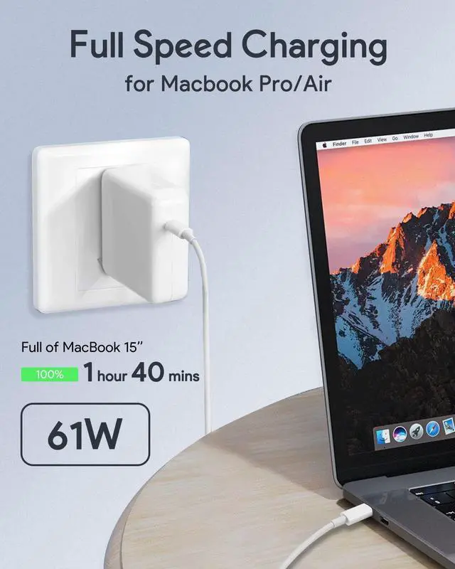 Alt view image 3 of 5 - PARENIA Mac Book Pro Charger - 61W USB C Power Adapter Compatible with MacBook Pro 13 Inch 2016-2021, MacBook Air 13inch 2018-2021, New iPad Pro, and All USB C Device, 6.6ft USB C to C Cable