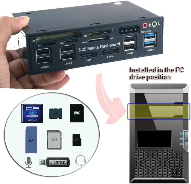 Alt view image 4 of 5 - Generic T-SIDAKE 5.25 Inch PC Multifunctional Dashboard Media Front Panel Audio, with SATA e-SATA Dual USB 3.0 6 Port USB 2.0 Five-in-ONE Card Reader (SDMMCCFMSTF M2), Black, (SDK-QL5E)