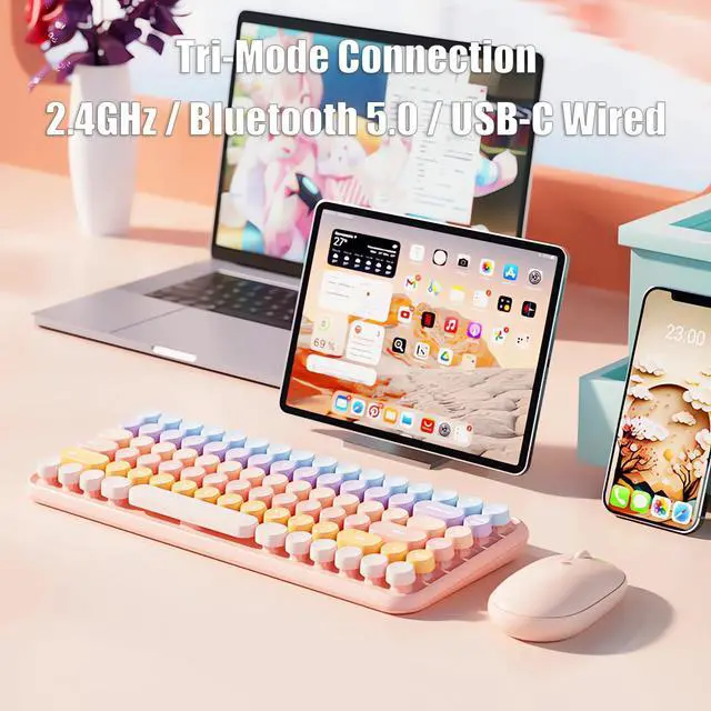 Alt view image 2 of 5 - TISHLED Typewriter Keyboard Wireless 2.4GHz/Bluetooth/USB-C Wired Rechargeable Membrane Gaming Keyboard Linear Mechanical-Feel Switch Compact 85-Key Retro Round Keycaps for Multi-Device, Sweet Pink