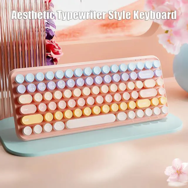 Alt view image 3 of 5 - TISHLED Typewriter Keyboard Wireless 2.4GHz/Bluetooth/USB-C Wired Rechargeable Membrane Gaming Keyboard Linear Mechanical-Feel Switch Compact 85-Key Retro Round Keycaps for Multi-Device, Sweet Pink
