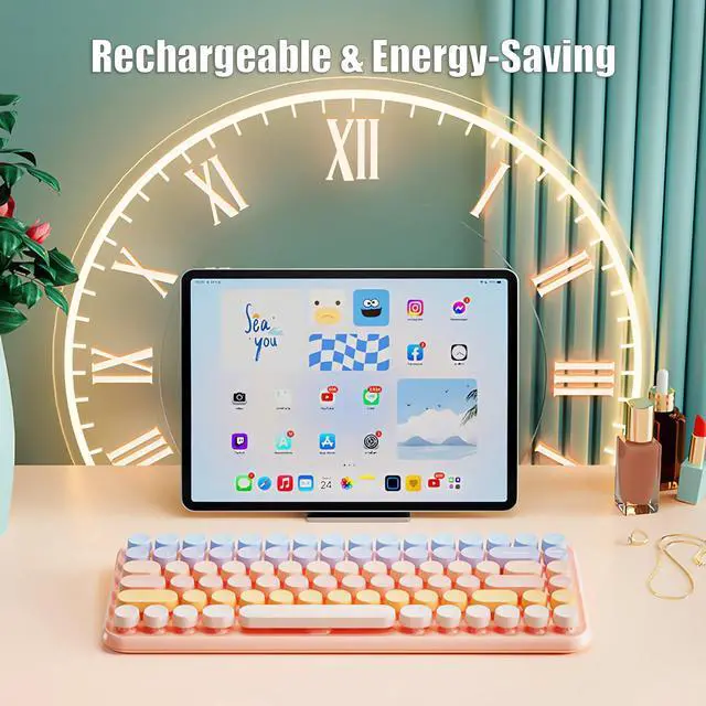 Alt view image 5 of 5 - TISHLED Typewriter Keyboard Wireless 2.4GHz/Bluetooth/USB-C Wired Rechargeable Membrane Gaming Keyboard Linear Mechanical-Feel Switch Compact 85-Key Retro Round Keycaps for Multi-Device, Sweet Pink
