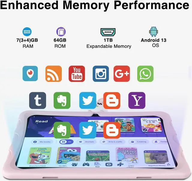 Alt view image 4 of 5 - DOOGEE 2024 Latest 10 Inch Kids Tablet, U9 Kid Tablet Android 13 Tablet with 7GB+64GB/TF 1TB Quad Core, 5060mAh Battery, WiFi 6, Bluetooth 5.0, Dual Camera, OTG, Widevine L1,Pink