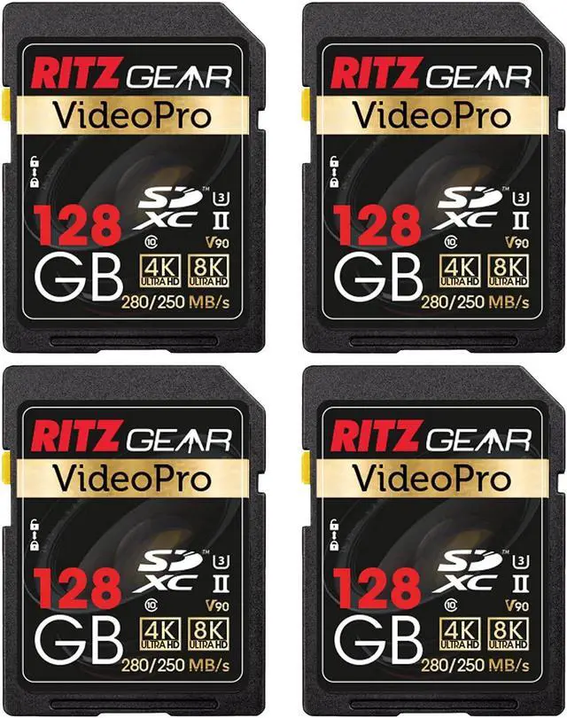 Main image of Ritz Gear 128GB High-Speed SDXC UHS-II SD Card, C10, U3, V90, Full-HD & 8K Memory Card for DSLR, Cinema-Quality Video Cameras (4 Pack)