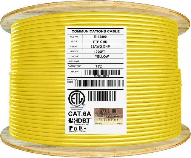 Main image of Elite Cat6A Shielded Riser (CMR), 1000ft, FTP 23AWG, Solid Bare Copper, 650MHz, 10Gb Speeds, UL Listed, UL-LP Certification, Higher Performance PoE++, TAA Compliant, Bulk Ethernet Cable Reel, Yellow