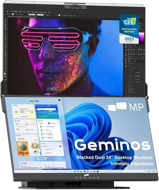 Main image of Mobile Pixels Geminos Dual 24" Stacked Computer Monitors with 1080P Webcam&Speakers, 65W USB-C Charging, All-Inclusive Vertical Desktop Monitor, HDMI/USB-A/USB-C, Infinitely Adjustable (2 Monitors)