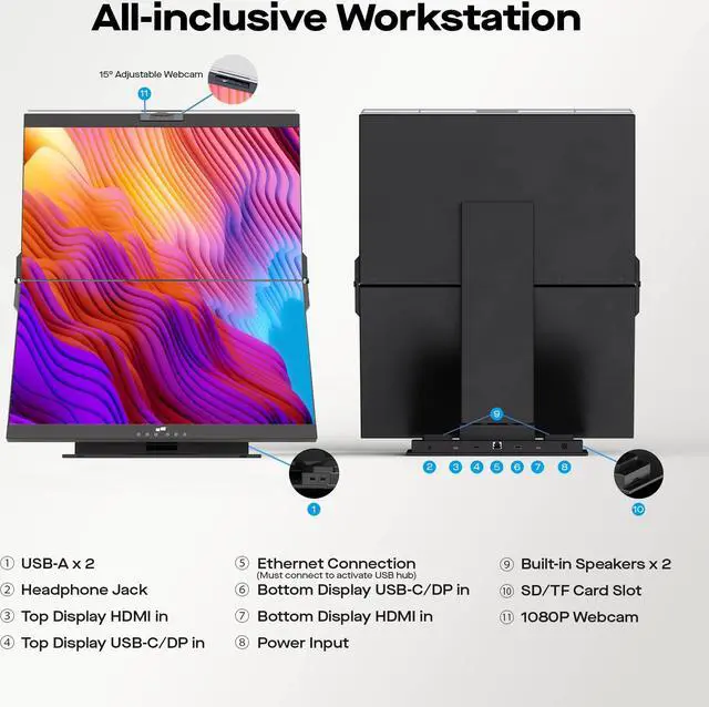 Alt view image 4 of 5 - Mobile Pixels Geminos Dual 24" Stacked Computer Monitors with 1080P Webcam&Speakers, 65W USB-C Charging, All-Inclusive Vertical Desktop Monitor, HDMI/USB-A/USB-C, Infinitely Adjustable (2 Monitors)