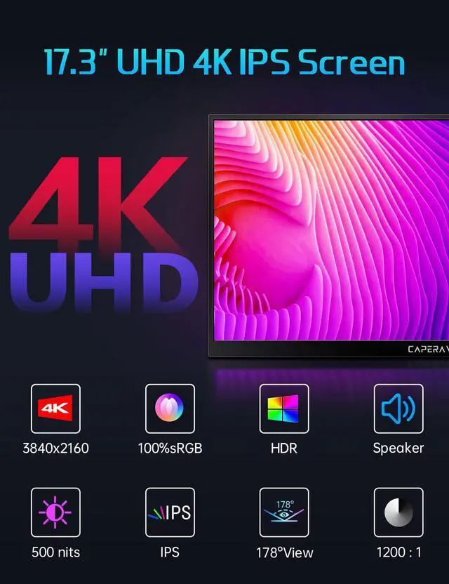 Alt view image 2 of 5 - CAPERAVE 17.3" Portable Monitor 4K, 500 Nits 3840 * 2160p 100% Adobe RGB Travel Monitor with Bulit-in Kickstand & Speakers, Portable Computer Monitor, External Monitor for Laptop PC Xbox Switch PS4/5
