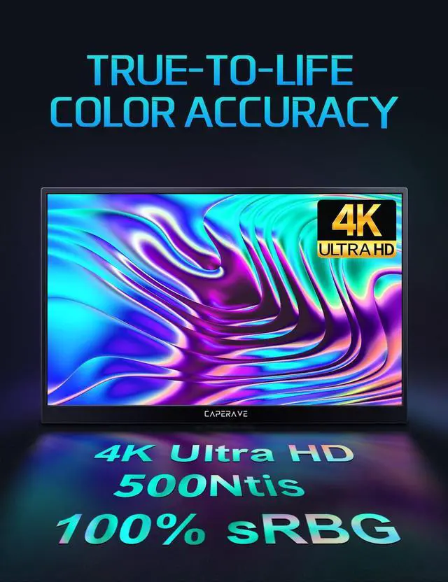 Alt view image 3 of 5 - CAPERAVE 17.3" Portable Monitor 4K, 500 Nits 3840 * 2160p 100% Adobe RGB Travel Monitor with Bulit-in Kickstand & Speakers, Portable Computer Monitor, External Monitor for Laptop PC Xbox Switch PS4/5