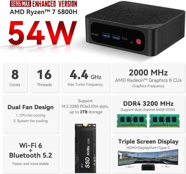 Alt view image 2 of 5 - Beelink Mini PC SER5 MAX, AMD Ryzen 7 5800H(8C/16T,up to 4.4 GHz),Mini Computer 16GB DDR4 RAM 500GB M.2 SSD Graphics 8 core 2000 MHz Wifi6/BT5.2/HDMI+DP+Type-C,Support Three-Screen Display