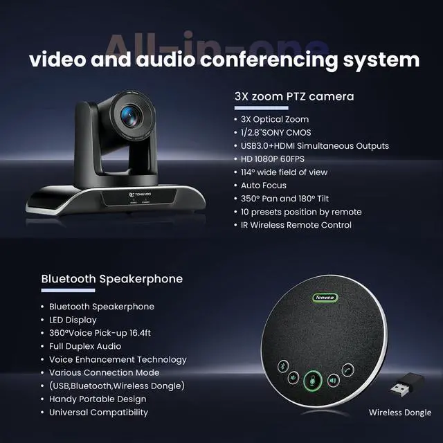 Alt view image 2 of 5 - TONGVEO All-in-One Conference Room Video Camera System Bundle HD 1080P 60fps 3X Optical Zoom USB3.0 HDMI PTZ Camera and Bluetooth Conference Speakerphone with Microphones