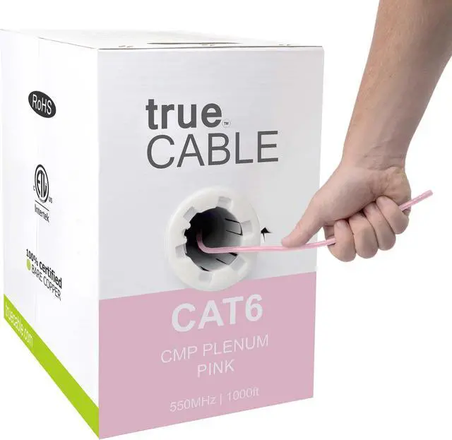 Main image of trueCABLE Cat6 Plenum (CMP), 1000ft, Pink, 23AWG 4 Pair Solid Bare Copper, 550MHz, PoE++ (4PPoE), ETL Listed, Unshielded Twisted Pair (UTP), Bulk Ethernet Cable