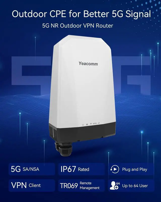Alt view image 3 of 5 - Yeacomm 5G NR SA/NSA Outdoor Router, 5G Modem Outdoor IP67 Waterproof CPE with Dual Sim Card Slots Gateway/Bridge/Wireless,4.67 Gbps Data Rates,4 X 4 MIMO,802.3af POE,Band Lock,VPN,for North America
