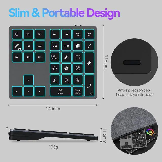 Alt view image 5 of 5 - Doohoeek Updated Backlit Bluetooth Keypad for iPad Procreate Compatible with iOS17 or Later, Rechargeable Keyboard for Procreate and Drawing Shortcuts for iPad and Graphic Tablets, Grey