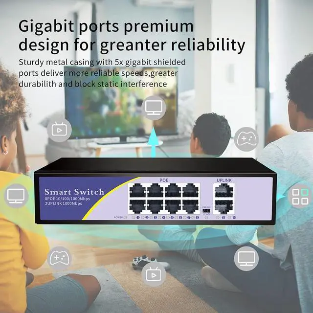 Main image of KuWFi 8-Port Gigabit PoE Ethernet Switch, 8 x Gigabit PoE, 2 x Gigabit SFP Slot, Metal Network Switch 48V PoE for IP Camera Wireless AP