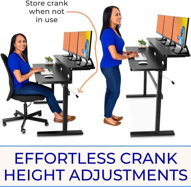 Alt view image 3 of 5 - Stand Steady Tranzendesk | 55 Inch Dual Level Standing Desk with Shelf | Easy Crank Height Adjustable Sit to Stand Desk | Stand Up Workstation with Monitor Riser for Home & Office (55in / Black)