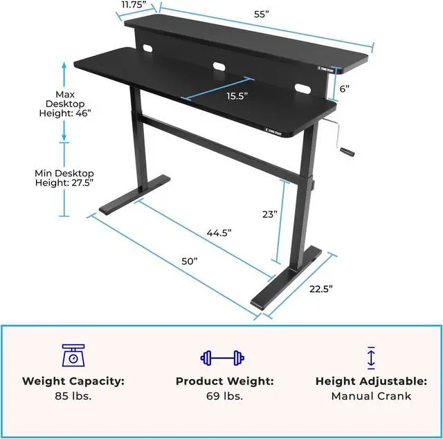 Alt view image 5 of 5 - Stand Steady Tranzendesk | 55 Inch Dual Level Standing Desk with Shelf | Easy Crank Height Adjustable Sit to Stand Desk | Stand Up Workstation with Monitor Riser for Home & Office (55in / Black)