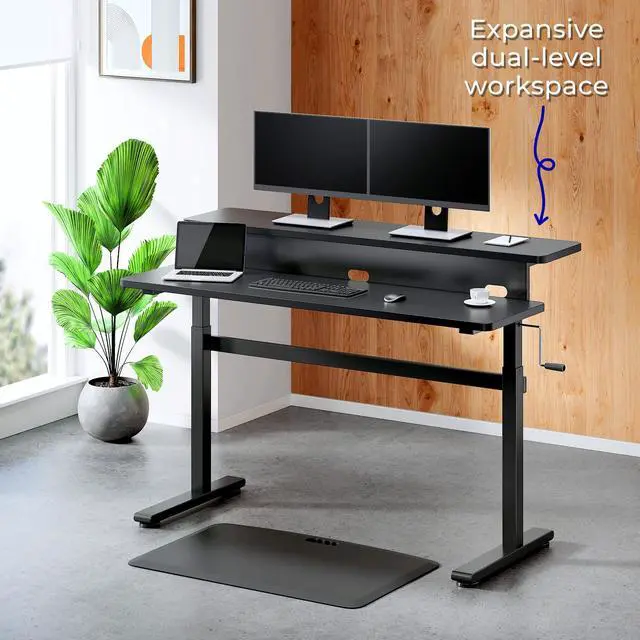 Alt view image 2 of 5 - Stand Steady Tranzendesk | 55 Inch Dual Level Standing Desk with Shelf | Easy Crank Height Adjustable Sit to Stand Desk | Stand Up Workstation with Monitor Riser for Home & Office (55in / Black)